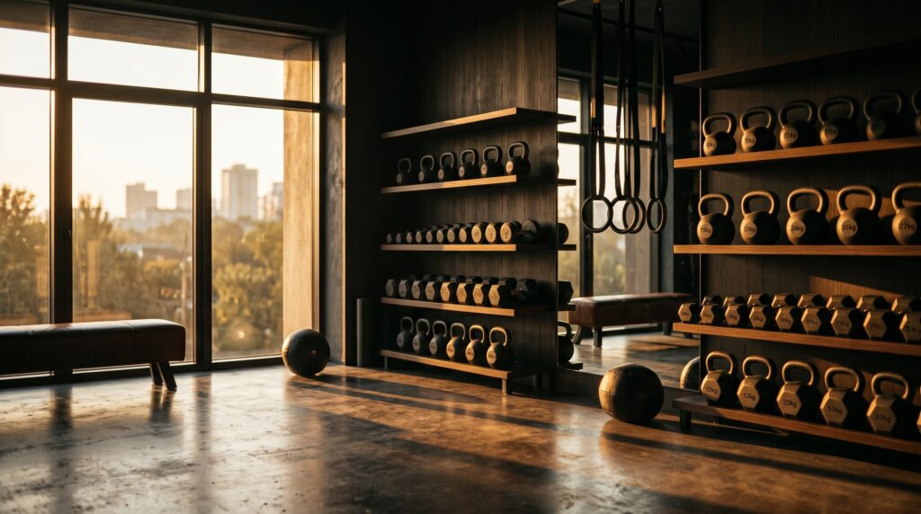 Personal Training Studio im Wellness Atelier Groß Molzahn nahe Ratzeburg — Hanteln und Kettlebells in warmem Licht