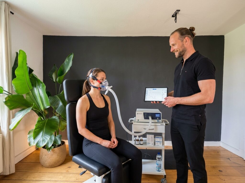 Atemgasanalyse (uVida) im Wellness Atelier Hermle: Kundin mit Atemmaske, Tim Hermle zeigt Stoffwechseldaten auf Tablet — Groß Molzahn nahe Ratzeburg und Lübeck