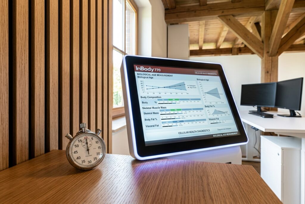InBody 770 Diagnostik-Display zeigt biologisches Alter, Körperkomposition und Muskelmasse — Stoppuhr daneben als Symbol für Zeit und Alterung. Wellness Atelier Hermle, Groß Molzahn nahe Ratzeburg und Lübeck.
