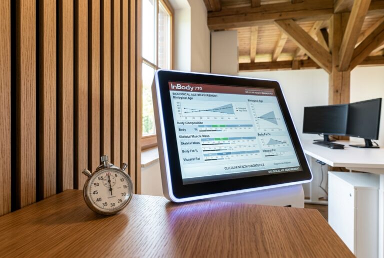 InBody 770 Diagnostik-Display zeigt biologisches Alter, Körperkomposition und Muskelmasse — Stoppuhr daneben als Symbol für Zeit und Alterung. Wellness Atelier Hermle, Groß Molzahn nahe Ratzeburg und Lübeck.