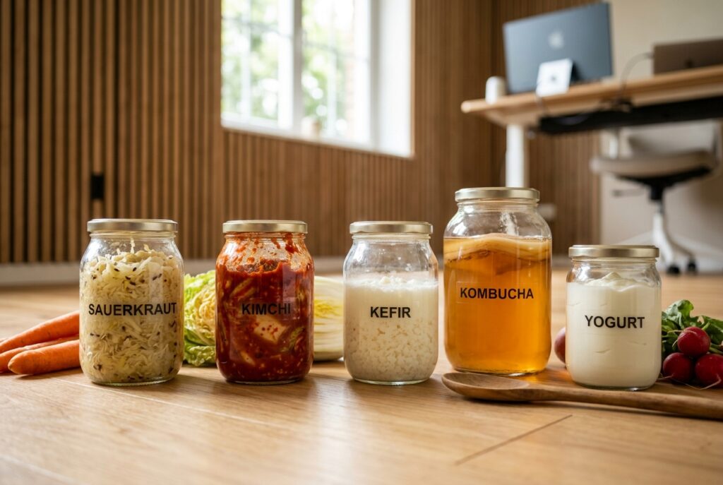 Fermentierte Lebensmittel — Sauerkraut, Kimchi, Kefir, Kombucha, Joghurt — für ein gesundes Mikrobiom. Wellness Atelier Hermle, Groß Molzahn nahe Ratzeburg und Lübeck.