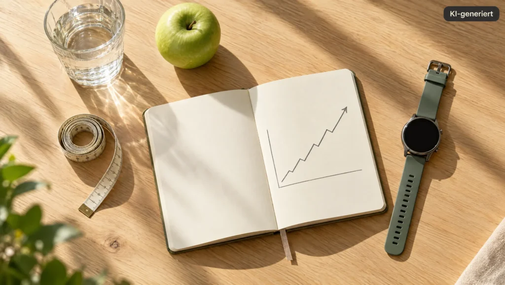 Notizbuch mit steigender Linie, Maßband, Sportuhr, Wasser und Apfel (Symbolbild, KI-generiert)