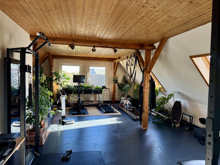 Blick ins Studio des Wellness Ateliers in Groß Molzahn: heller Dachraum mit Holzdecke, Trainingsgeräten, Ringen und Pflanzen