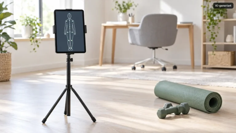 Tablet auf Stativ zeigt eine Körpersilhouette mit Lotlinie, daneben eine Yogamatte (Symbolbild, KI-generiert)