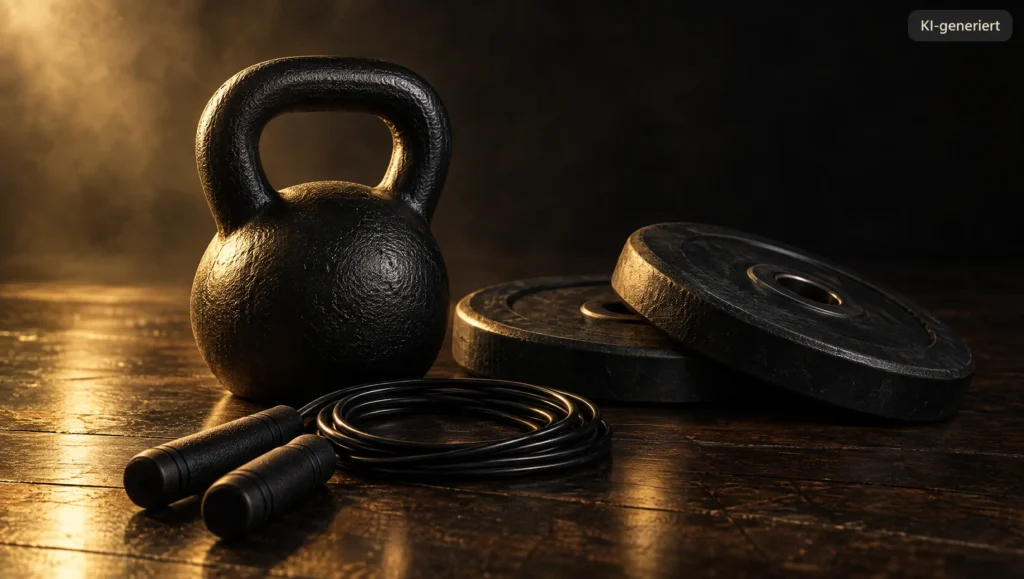 Kettlebell, Hantelscheiben und Springseil im warmen Licht (Symbolbild, KI-generiert)