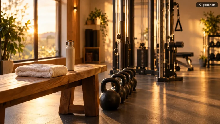 Ruhiger Trainingsraum im Abendlicht mit Bank, Handtuch und Kettlebells (Symbolbild, KI-generiert)